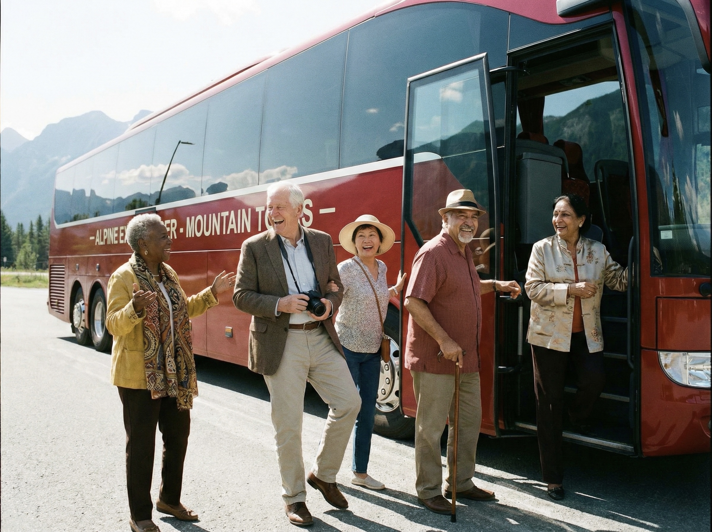 Seniors boarding a red bus for a trip